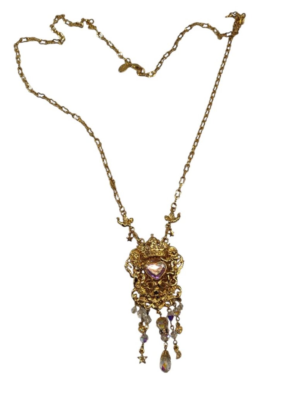 Vintage Kirks Folly Charm Brooch Gold tone Statement Necklace Heart Crown Angel
